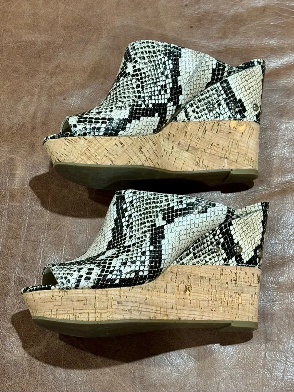 Marc Fisher Black and White Snake-Print Cork Wedge Mules
